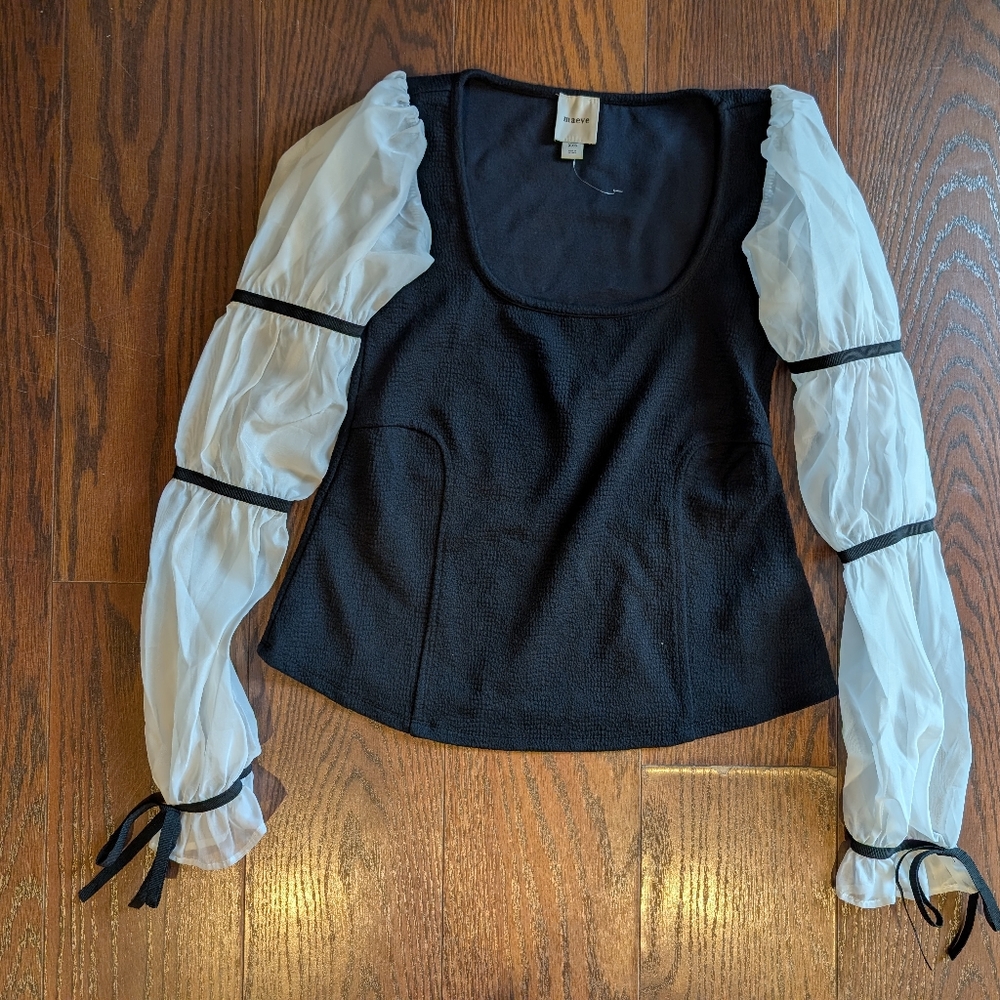 Maeve Black Bodice Top Sheer White Puff Sleeves XXS Dainty Whimsy Girly Peasant